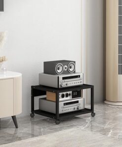 Support multimédia AV à 2/3 Niveaux, Tour Audio Mobile d'angle avec étagères de Rangement en Bois et Cadre en Acier, Support de Lecteur de disques CD, Armoire de Composants stéréo pour Home