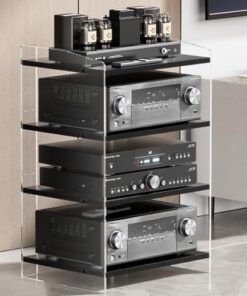 Meuble Audio/vidéo en Acrylique, étagères réglables, Meuble d'angle pour Composants Audio, Meuble HiFi 3/4 Couches (Transparent + Noir, 4 Niveaux)