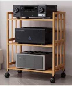 Support stéréo en bambou avec roulettes, support audio multimédia à hauteur réglable de grande capacité, meuble d'angle mobile à 3 niveaux pour lecteur vidéo TV DVD pour supermarché à domici
