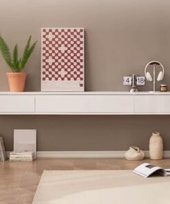 Meuble TV Flottant Blanc Meuble TV Mural Meuble TV Suspendu pour Salon Banc TV avec tiroirs Matériau en Bois d'hévéa (160 cm/63,0 Pouces)