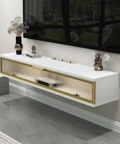 Support TV flottant, meuble TV mural avec porte, console multimédia de divertissement, console multimédia TV avec trous pour câbles, grand banc de rangement TV sous TV, pour décodeur câble/c