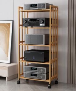 Générique Meuble de Rangement multimédia AV à 2/3/4/5 Niveaux avec étagères réglables, Support multimédia Audio-vidéo, Supports stéréo avec roulettes, Support TV Polyvalent, Support Audio, Naturel, l