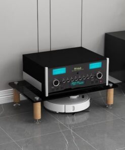 Étagères HiFi 3/4 Niveaux, Meuble de Rangement multimédia, étagères en Verre trempé, Pieds en Bois Massif Absorbant Les Chocs pour armoires Audio (Noir, 1 Niveau)