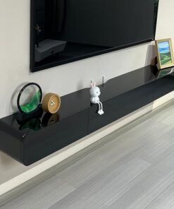 Meuble TV Mural Moderne et Brillant avec Rangement intégré, Noir, 160 cm - Design Gain de Place