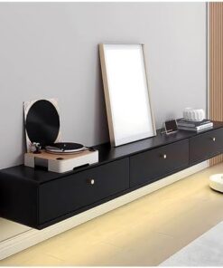 Meuble TV Flottant Noir avec tiroirs de Rangement et Dos Creux, Console multimédia Murale pour sous la télévision, Centre de Divertissement Moderne, Meuble TV en Bois, étagère TV pour Salon
