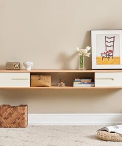 Étagère TV flottante, centre de divertissement flottant moderne avec rangement ouvert et deux tiroirs, avec meuble TV de rangement, console multimédia, meuble TV mural avec trous pour câbles