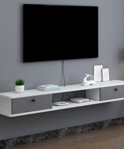 Meuble TV Flottant à Fixation Murale avec Gestion des câbles, Centre de Divertissement, unité TV Flottante avec tiroirs de Rangement pour la Maison et Le Bureau, Design Moderne (Blanc + Gris