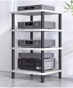 Étagère HiFi à 2/3/4 Niveaux en métal et Bois pour Composants Audio et vidéo, Meuble stéréo pour amplificateur/Tourne-Disque/récepteur stéréo, Organisateur d'équipement Audio et vidéo (Blanc
