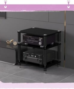Meuble de Rangement AV 3/4 Niveaux, Support HiFi, Support d'amplificateur, Support Audio, Centre multimédia Ouvert, Support multimédia d'angle Moderne (Noir, 3 Niveaux)