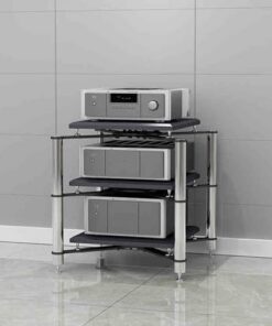 Meuble de Rangement Audio sur Pied avec Pieds amortisseurs Argenté Support multimédia AV à 3 Niveaux Meuble stéréo Multifonction (27,5 x 27,5 x 29,5 Pouces)
