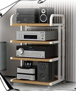 Meuble stéréo 3, 4 ou 5 Niveaux, Support multimédia AV, Support d'amplificateur HiFi, Meuble Audio/vidéo avec roulettes de Frein et étagère de Rangement Ouverte (Blanc + Noyer, 4 Niveaux 85