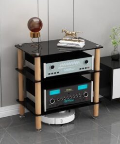 Étagères HiFi 3/4 Niveaux, Meuble de Rangement multimédia, étagères en Verre trempé, Pieds en Bois Massif Absorbant Les Chocs pour armoires Audio (Noir, 3 Niveaux)