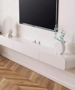 Meuble TV flottant à fixation murale, meuble TV flottant avec porte, grand banc de rangement pour salon, blanc, 160 cm