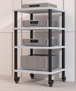 Support multimédia AV 3/4 Niveaux, Support pour amplificateur HiFi, Support pour Lecteur CD, Meuble stéréo avec roulettes, Tour de Rack Audio Mobile (Blanc, 4 Niveaux)