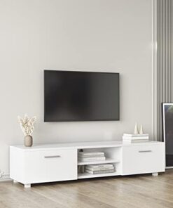 Meuble TV Farmhouse pour téléviseur jusqu'à 75 Pouces, Meuble de Console multimédia de Centre de Divertissement avec 2 armoires et étagères de Rangement, Table Console TV en Bois pour Salon