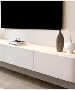 Meuble TV flottant blanc, meuble TV mural, étagères TV noires avec tiroirs de rangement et porte, console multimédia de divertissement moderne, plateau TV en bois pour salon (blanc, 160 x 30