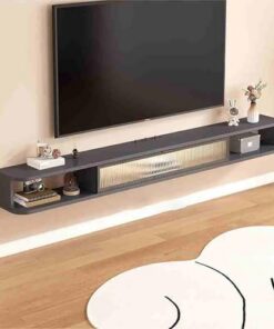 Support TV flottant, console TV multimédia moderne avec porte à rabat coulissante, console multimédia avec étagère de rangement, console multimédia murale, meuble TV pour salon, chambre à co