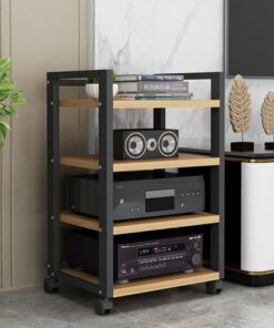 Support multimédia AV à 4 niveaux, étagère d'angle pour tourne-disque, meuble stéréo en bois, tour de support audio avec étagères en bois réglables en hauteur, rangement pour composant stéré