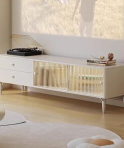 Meuble TV avec Portes vitrées et étagères de Rangement pour téléviseur 55 Pouces, Meuble multimédia pour Salon et Chambre (130 x 45 x 39,8 cm)
