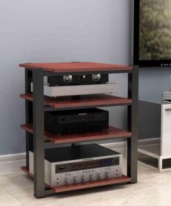 Support multimédia AV Couleur Bois à 4 Niveaux avec étagères de Rangement - Support de Rack Audio Tour Étagère d'angle idéale pour Le cinéma Maison et Les centres de Divertissement