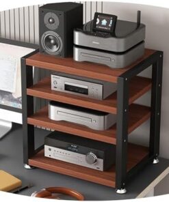 Amplificateur de Bureau à 3 Niveaux, Support HiFi, Support multimédia AV, étagère en Bois, Support stéréo, Tour Audio d'angle, Meuble de Divertissement de Bureau (Teck, 4 Niveaux)
