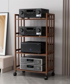 Support multimédia audio-vidéo avec étagères réglables, armoire multimédia audio mobile en bambou à 2/3/4/5 niveaux, supports stéréo avec roulettes, étagère multimédia AV debout pour bureau,