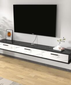 Meuble TV Mural Suspendu - Console TV Longue avec Porte abattante et Rangement - Étagère Moderne pour Salon - Meuble TV Suspendu à Rayures Blanches 160 x 22 x 20 cm