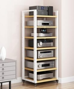 Meuble de rangement multimédia moderne, étagères à 7 niveaux, support multimédia audio vidéo avec étagère en bois réglable en hauteur, support de rangement ouvert polyvalent mobile pour comp