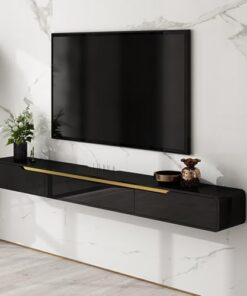 Meuble TV Mural Moderne et Brillant, Console multimédia élégante avec Rangement pour Salon - Noir et Or 120 cm