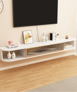 Meuble TV mural Étagères TV flottantes Support TV flottant moderne Console multimédia Console TV murale avec porte rabattable Petit meuble de rangement pour salon. (Blanc, 100x24x20CM/39.4x9