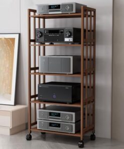 Meuble HiFi Marron à 2, 3, 4 ou 5 Niveaux en Bois, Meuble de Rangement Haut et Mobile pour la Maison, Le Bureau ou Le cinéma, Support Audio Moderne avec étagère réglable.