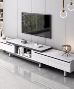 Générique Meuble TV Extensible avec tiroirs de Rangement, Meuble de Divertissement Moderne avec étagères Ouvertes, Meuble multimédia pour Salon et Petit Appartement