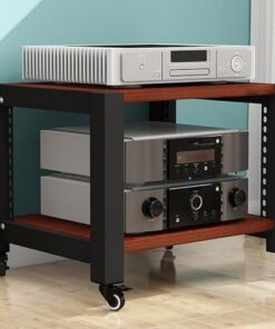 Meuble TV Robuste sur roulettes - Support multimédia réglable à 3 Niveaux pour platines vinyles, Consoles de Jeux, lecteurs DVD - Centre de Divertissement en Bois