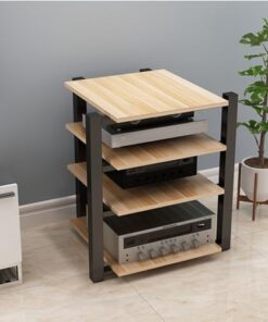 Support audio à 4 niveaux pour salon moderne, meuble pour composants d'équipement audiovisuel, tour audio d'angle, support pour lecteur CD, support stéréo avec étagère en bois et cadre en ac