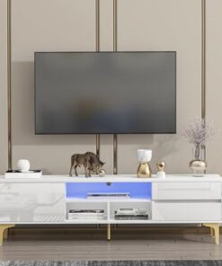 Meuble TV LED, Meuble TV de Divertissement pour téléviseurs jusqu'à 75 Pouces Smart TV, Meuble multimédia pour Console TV, Panneau de tiroir Brillant et Pieds en métal, télécommande