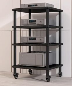 Support multimédia AV 3/4 Niveaux, Support pour amplificateur HiFi, Support pour Lecteur CD, Meuble stéréo avec roulettes, Tour de Rack Audio Mobile (Noir, 4 Niveaux)