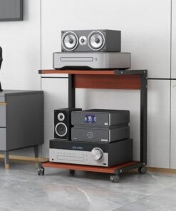Support multimédia AV avec roulettes mobiles, assemblage facile, support TV d'angle à 2 niveaux, étagère de rangement ouverte, support stéréo, armoire pour composants audio-vidéo, centre mul