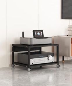 Meuble multimédia AV à 2 Niveaux, Support pour Lecteur CD, Support Audio stéréo, Support TV de Jeu, étagère de Rangement Mobile au Sol en Bois avec roulettes pour Maison/Bureau/cinéma, Noir