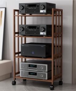 Meuble HiFi Marron à 2, 3, 4 ou 5 Niveaux en Bois, Meuble de Rangement Haut et Mobile pour la Maison, Le Bureau ou Le cinéma, Support Audio Moderne avec étagère réglable.