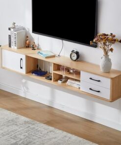 Meuble TV Flottant avec 2 tiroirs Étagère TV Murale en Bois pour la Maison et Le Bureau (Couleur Bois 150 x 24 x 28 cm)