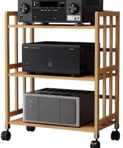 Meuble Audio Mobile en Bambou, Support pour Composants stéréo sur roulettes, étagère Verticale Multicouche pour Lecteur de disques, amplificateurs, étagère multimédia avec étagère réglable (