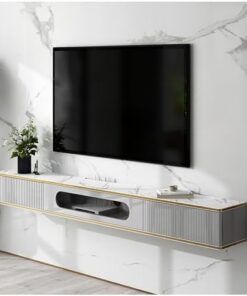 Meuble TV flottant en bois, étagère TV moderne avec tiroirs de rangement, console multimédia murale avec porte en verre, long centre de divertissement, support de rangement TV blanc avec lig
