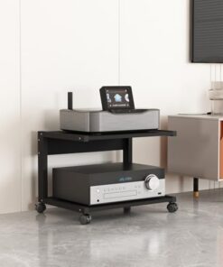 Meuble multimédia AV à 2 Niveaux, Support pour Lecteur CD, Support Audio stéréo, Support TV de Jeu, étagère de Rangement Mobile au Sol en Bois avec roulettes pour Maison/Bureau/cinéma, Noir
