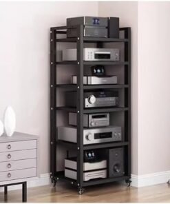 Support audio vidéo à 6 niveaux, support multimédia AV mobile, étagère d'angle en bois, platine vinyle, composant stéréo, console, support de rangement ouvert pour la maison, le bureau, le c