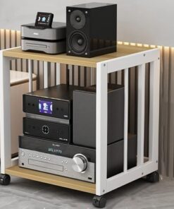 Meuble Audio HiFi à 2, 3, 4 ou 5 Niveaux avec roulettes de Frein, Platine Vinyle Mobile, étagère pour Console de Jeux (Blanc + Noyer Clair, 2 Niveaux)