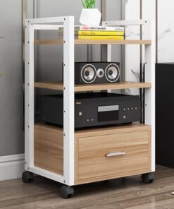 Meuble TV Mobile à 4 Niveaux avec roulettes - Support multimédia réglable pour Platine Vinyle, Console de Jeux, Lecteur DVD et projecteur - Design élégant en métal et Bois - Centre de divert