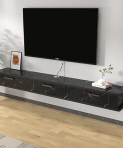 Étagère Murale Flottante pour téléviseur avec Rangement, Longue Console avec Porte Rabattable pour Salon, Design Moderne à Rayures Noires (200 x 22 x 20 cm)