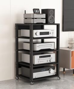 Support multimédia AV mobile à 4/5 niveaux, étagère d'angle pour tourne-disque, armoire de rangement pour composants stéréo, support audio avec étagère en bois réglable en hauteur pour la ma