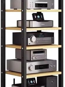 Support audio vidéo à 6 niveaux, support multimédia AV mobile, étagère d'angle en bois, platine vinyle, composant stéréo, console, support de rangement ouvert pour la maison, le bureau, le c