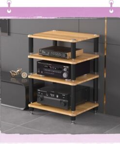 Meuble de Rangement AV 3/4 Niveaux, Support HiFi, Support d'amplificateur, Support Audio, Centre multimédia Ouvert, Support multimédia d'angle Moderne Audio-vidéo (Noyer Clair, 4 Niveaux)